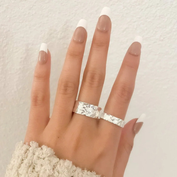925 Sterling Silver Set of 2 Foil Rings Textured Ring Band Minimalist Ring - Picture 2 of 15